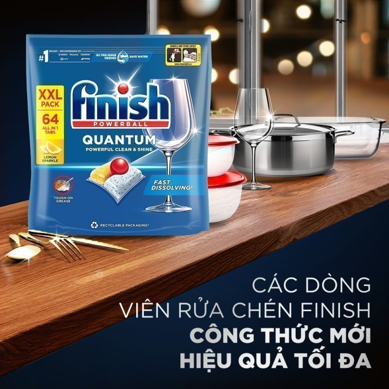 Túi 64 viên rửa chén Finish Quantum All in 1 (14x tính năng trong 1 viên Bao Bì mới – Hương Chanh) – (Dành cho máy rửa chén 10-12-13 bộ).